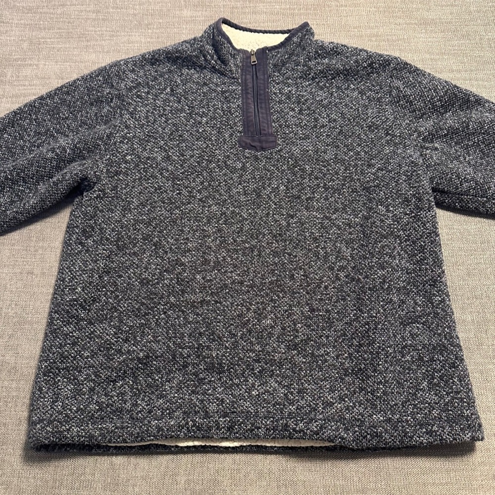Orvis Pullover Men XL Navy Blue Sherpa Lined Quarter Zip Marled Sweater